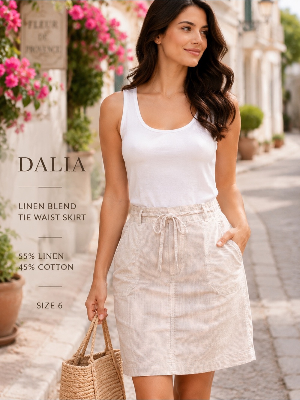Dalia Linen Blend Tie Waist Skirt Size 6 Tan White Pinstripe Coastal Summer Mini